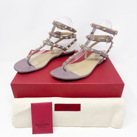 Valentino Rockstud Caged Leather Ankle Strap Flat Sandals Size 37.5 - Picture 1 of 14